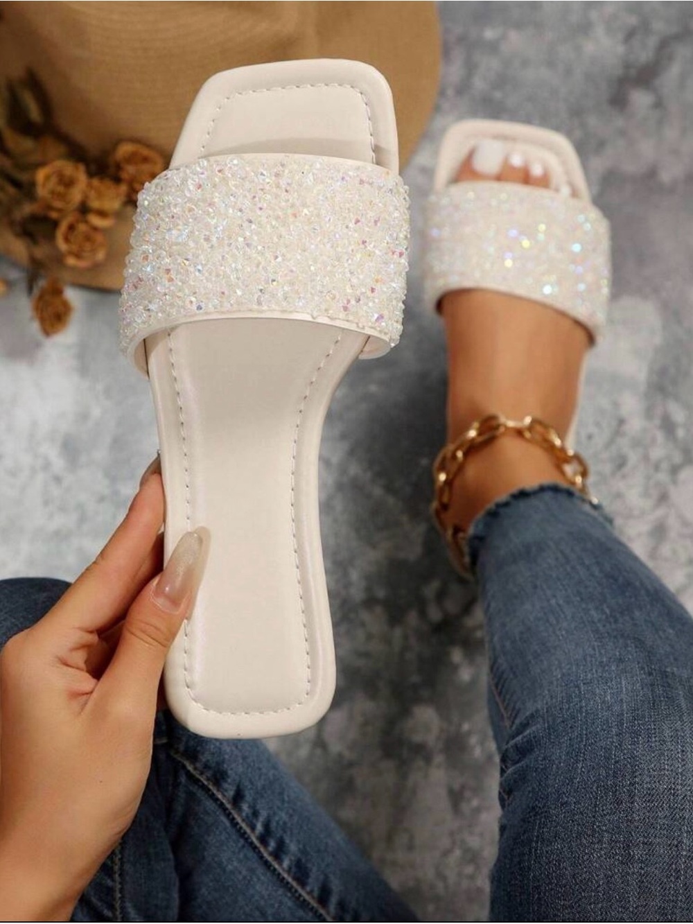 SHEIN White Iridescent Beaded Slide Sandals for Women